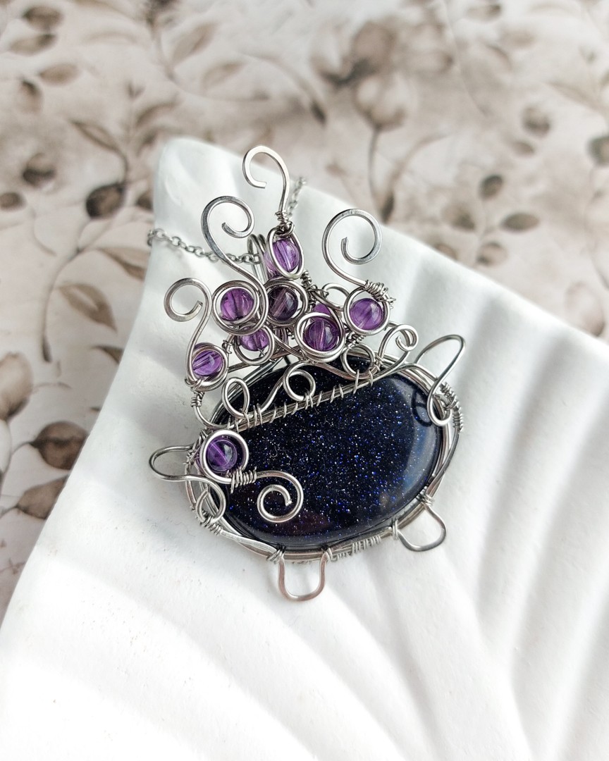 Naszyjnik magiczny kociołek czarownicy z nocą kairu, biżuteria wire wrapping