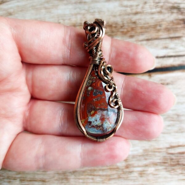 Naszyjnik miedziany z czerwonym agatem crazy lace, wire wrapping