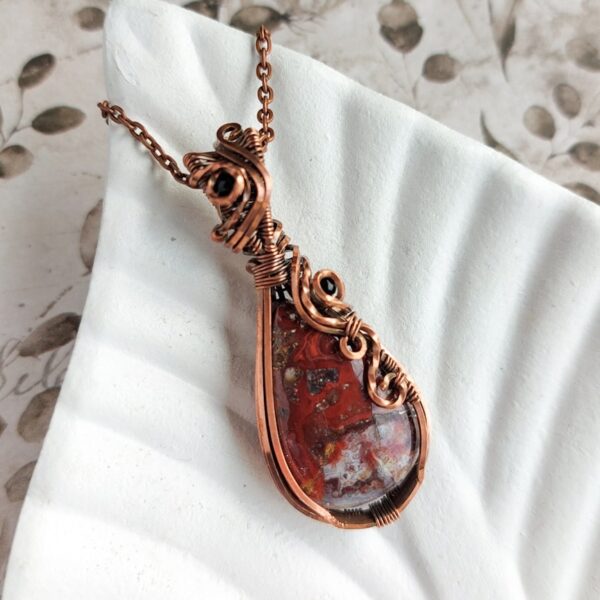 Naszyjnik miedziany z czerwonym agatem crazy lace, wire wrapping